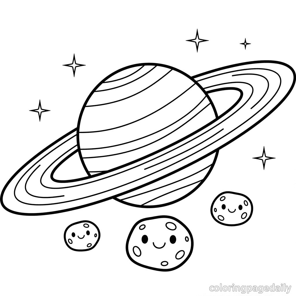 Saturn and its Asteroid Friends - Daily printable coloring page in Kids - Space category