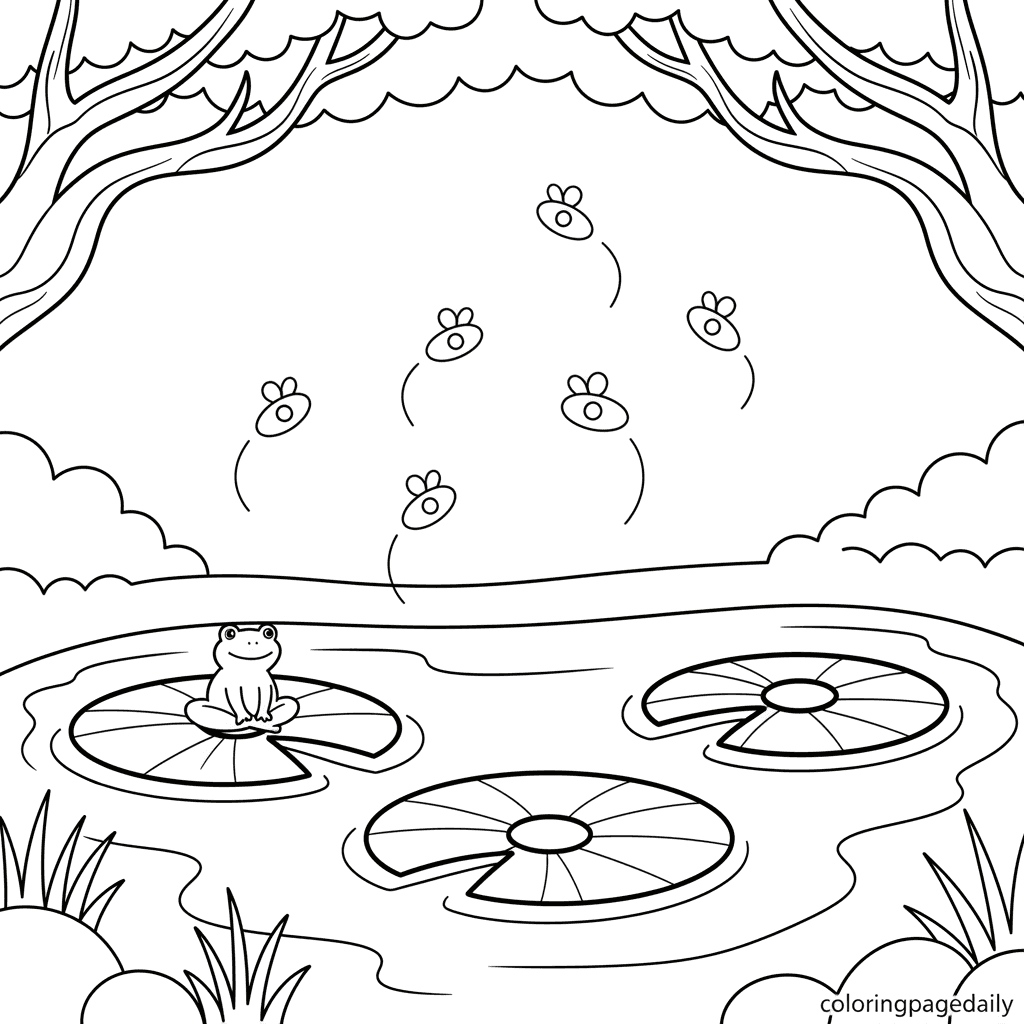 Firefly Lily Pad Pond - Daily printable coloring page in Kids - Scenery category