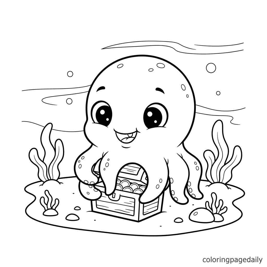 Baby Kraken's First Treasure - Daily printable coloring page in Kids - Mythical Creature category