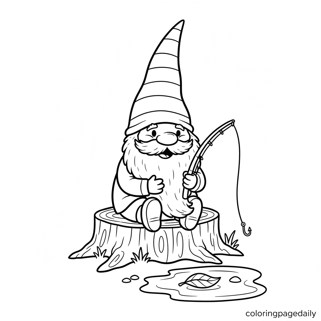 Gnome's Puddle Fishing - Daily printable coloring page in Kids - Mythical Creature category