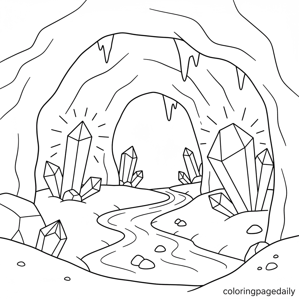The Glowing Crystal Cave - Daily printable coloring page in Kids - Scenery category