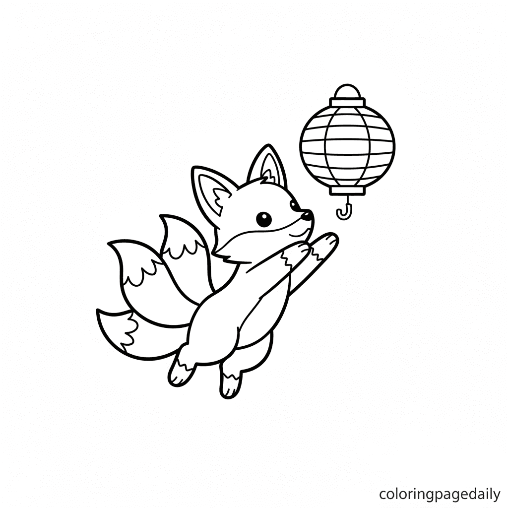 Kitsune's Lantern Leap - Daily printable coloring page in Kids - Mythical Creature category