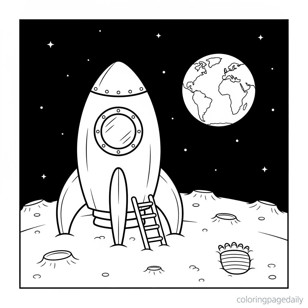 Rocket Ship on the Moon - Daily printable coloring page in Kids - Space category