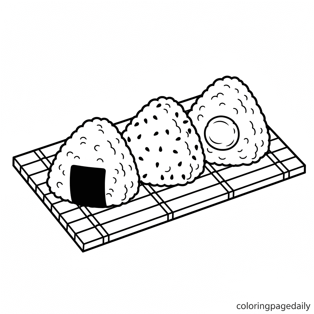 Tasty Onigiri Trio - Daily printable coloring page in Kids - Food category