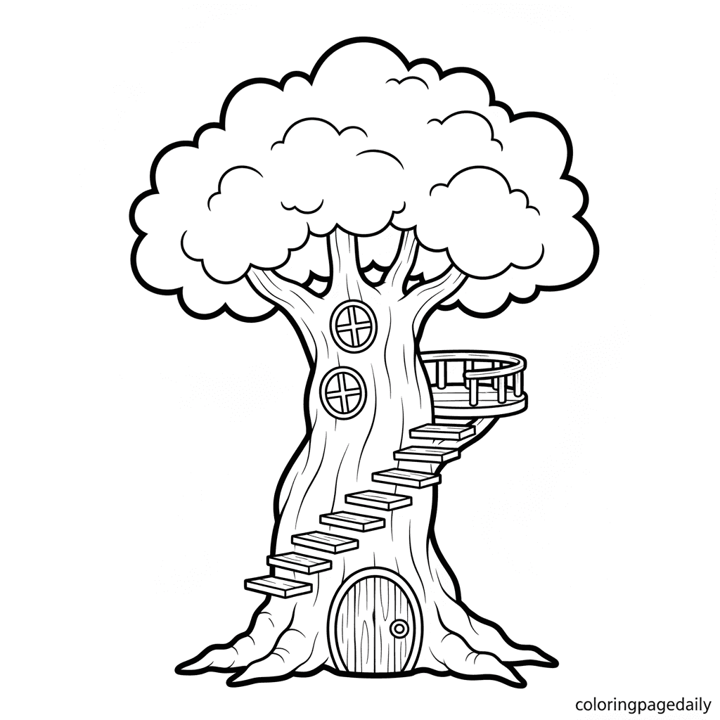 The Spiral Staircase Treehouse - Daily printable coloring page in Kids - Scenery category