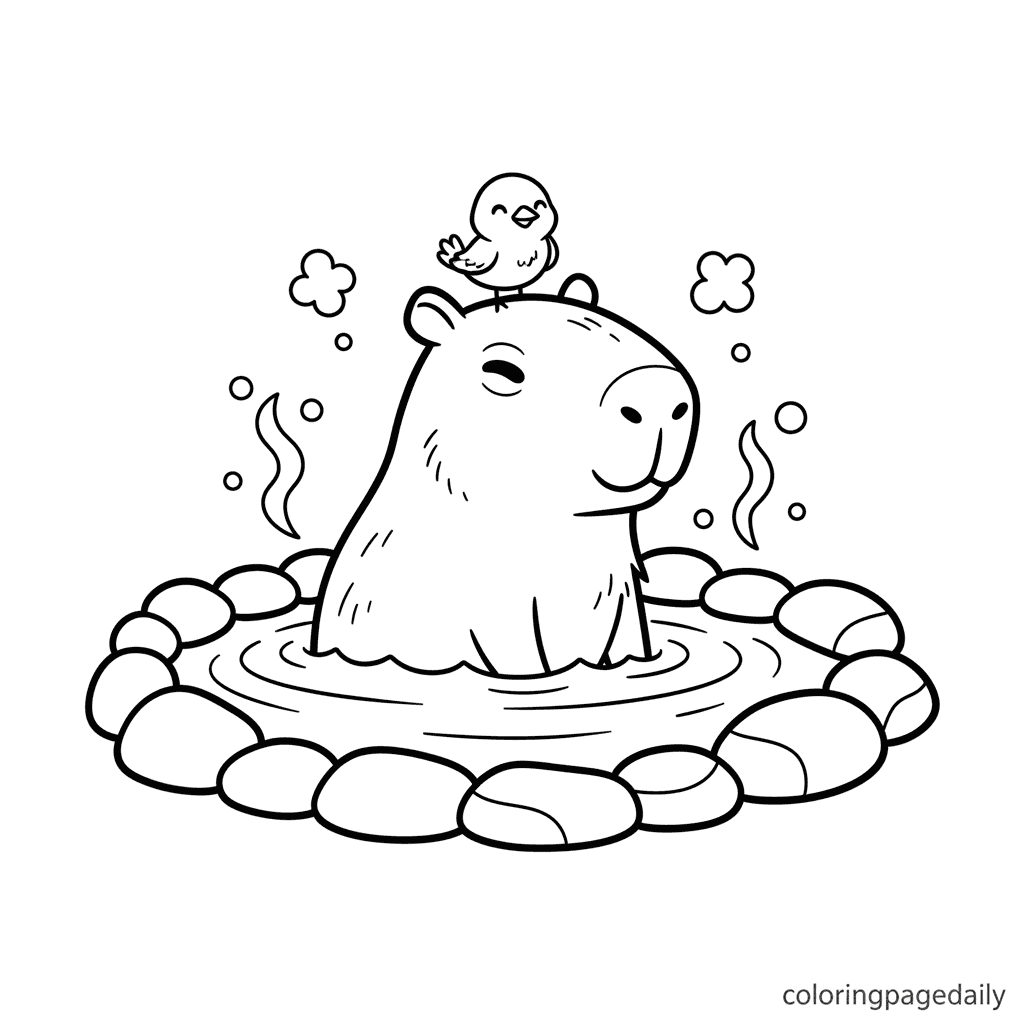 Capybara's Hot Spring Friend - Daily printable coloring page in Kids - Animals category