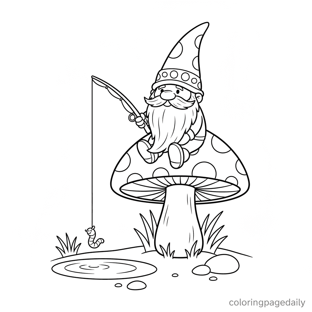 The Gnome's Puddle Fishing - Daily printable coloring page in Kids - Mythical Creature category