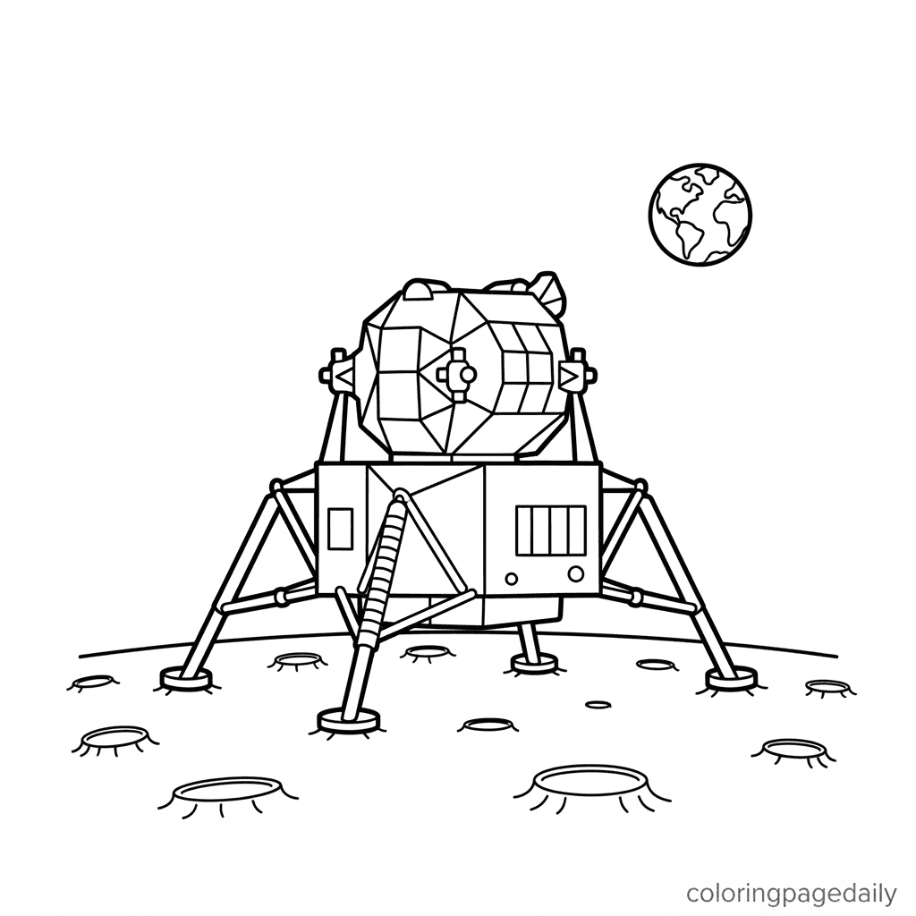 Lunar Lander's Quiet Landing - Daily printable coloring page in Kids - Space category