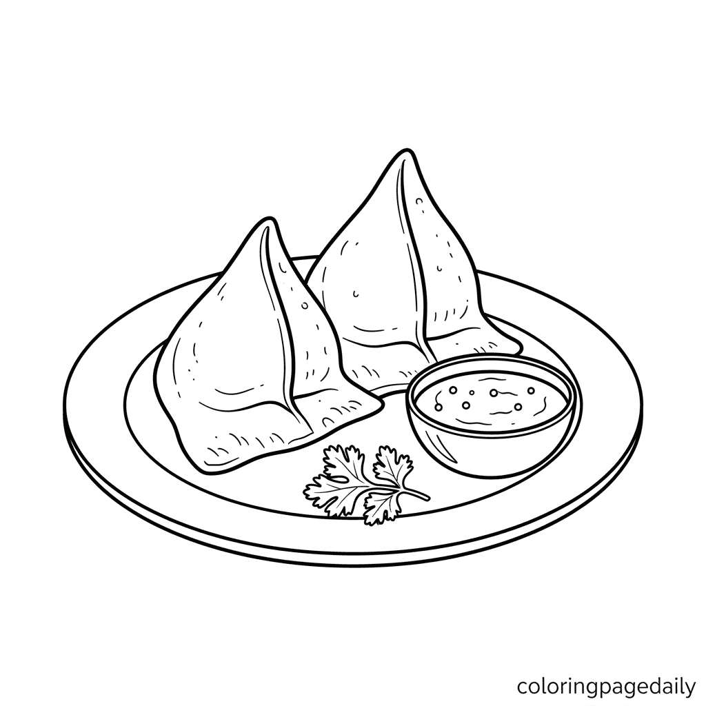 A Plate of Tasty Samosas - Daily printable coloring page in Kids - Food category