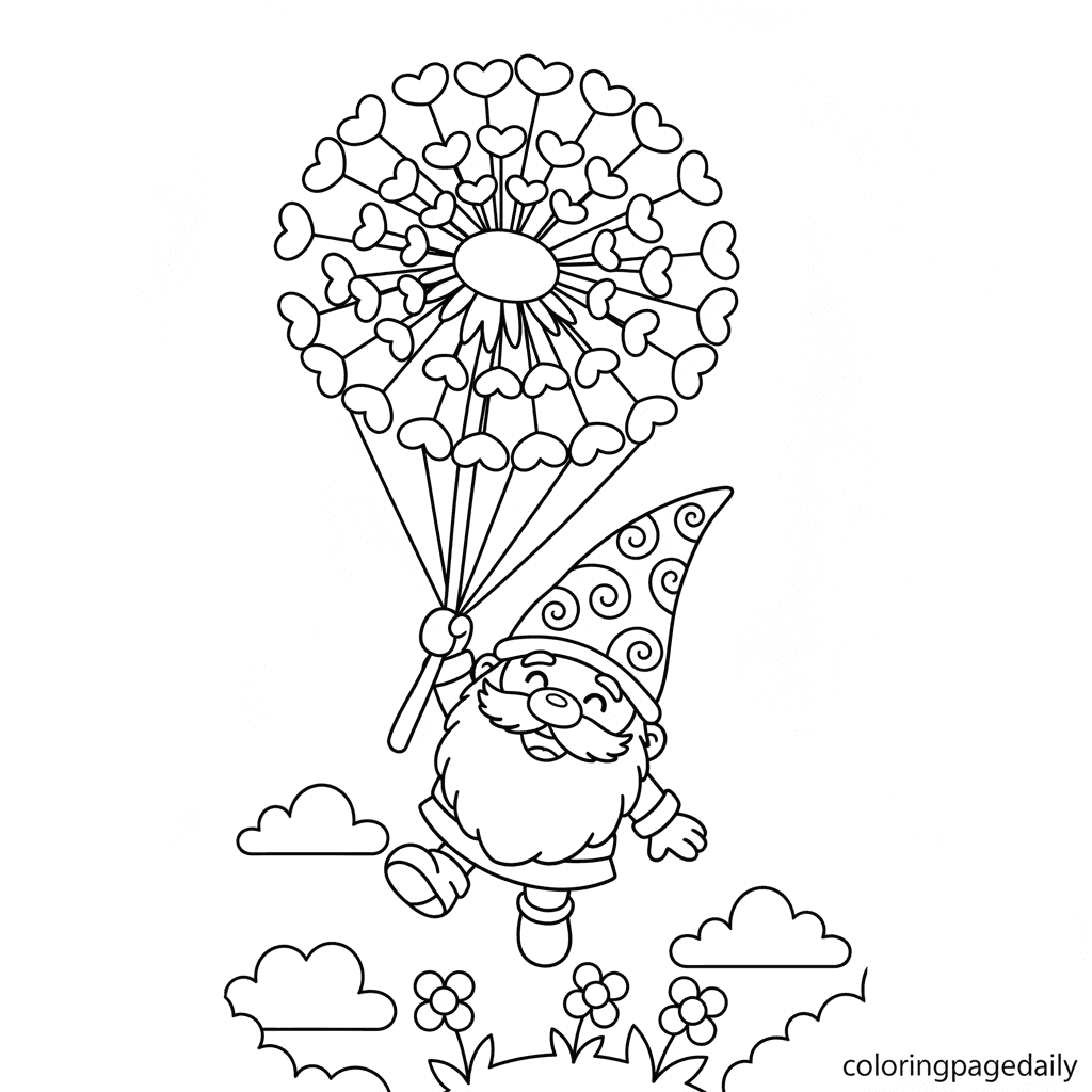 Gnome Riding a Dandelion Seed - Daily printable coloring page in Kids - Mythical Creature category