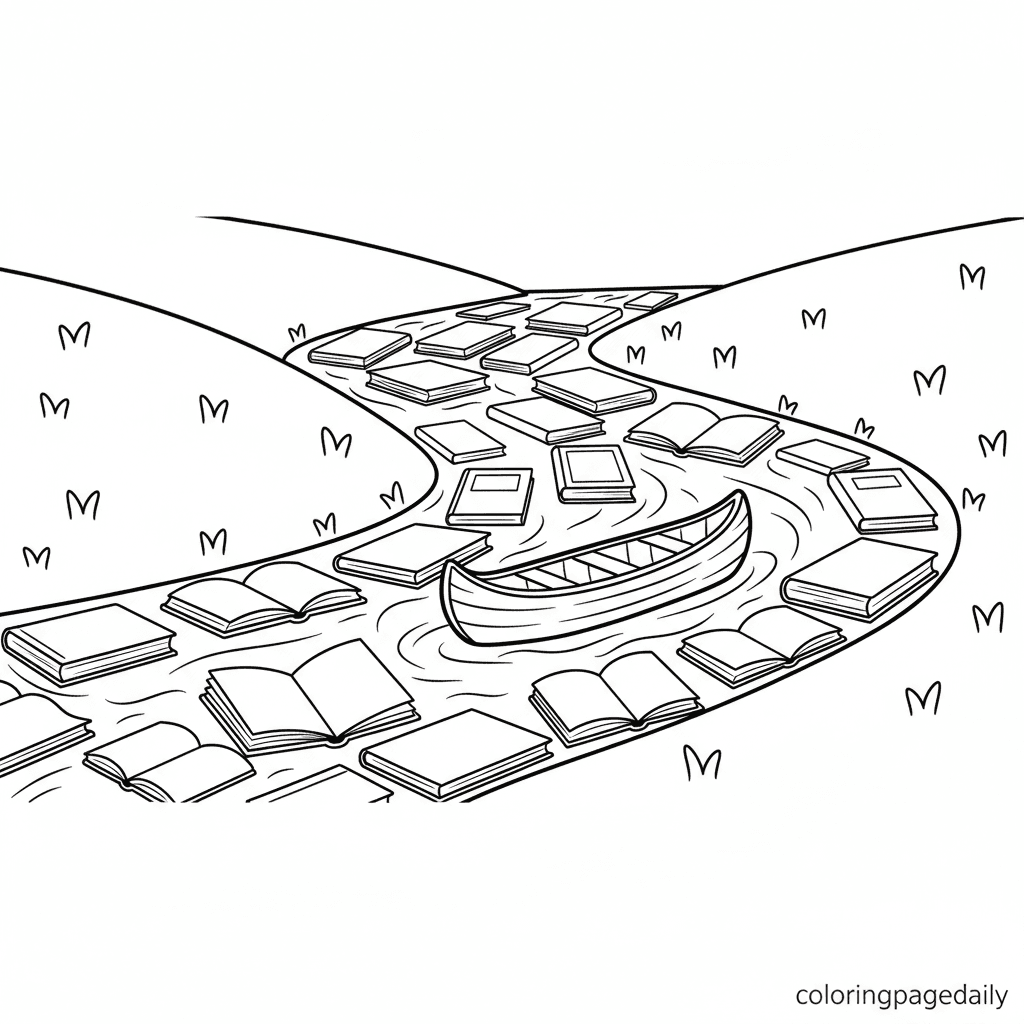 Floating Down the Book River - Daily printable coloring page in Kids - Scenery category