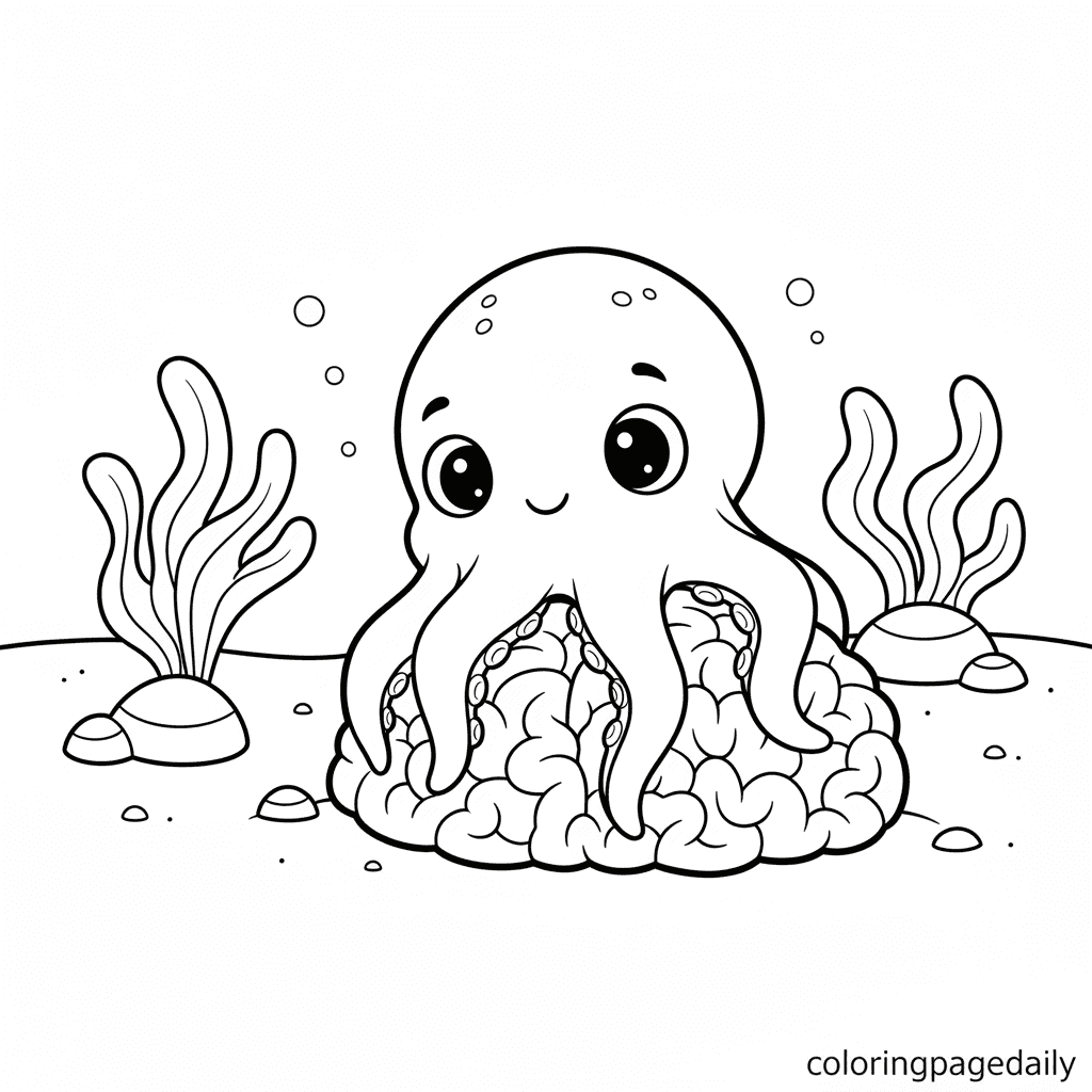Baby Kraken Plays Hide-and-Seek - Daily printable coloring page in Kids - Mythical Creature category