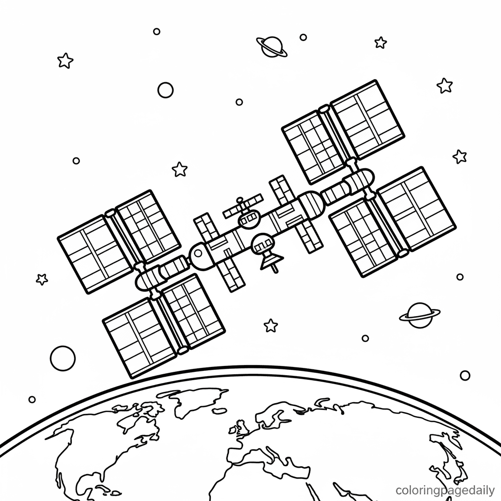 Space Station Orbits Earth - Daily printable coloring page in Kids - Space category