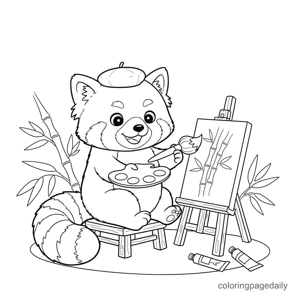 Red Panda Paints a Masterpiece - Daily printable coloring page in Kids - Animals category