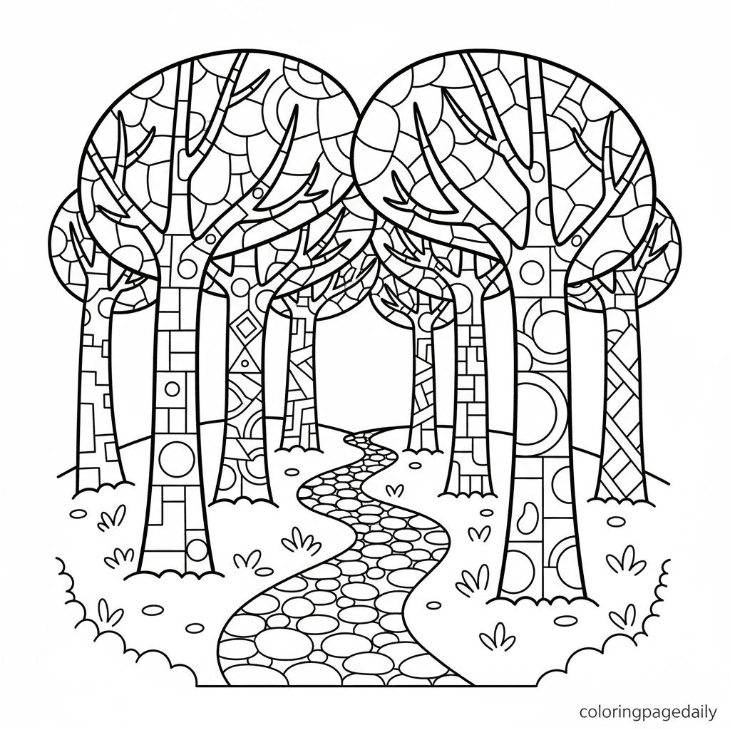 The Stained-Glass Forest Path - Daily printable coloring page in Kids - Scenery category