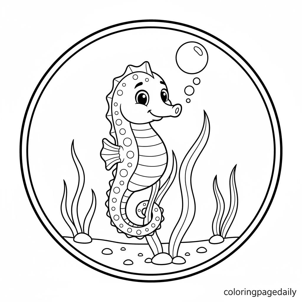 Seahorse Holding on Tight - Daily printable coloring page in Kids - Ocean and Underwater Life category