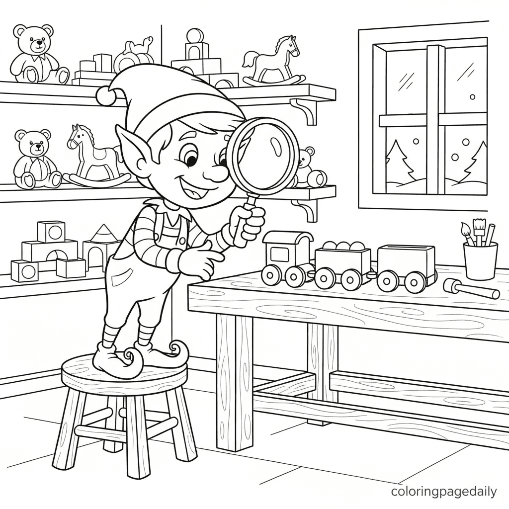 Elf Inspecting a Toy Train - Daily printable coloring page in Kids - Christmas category