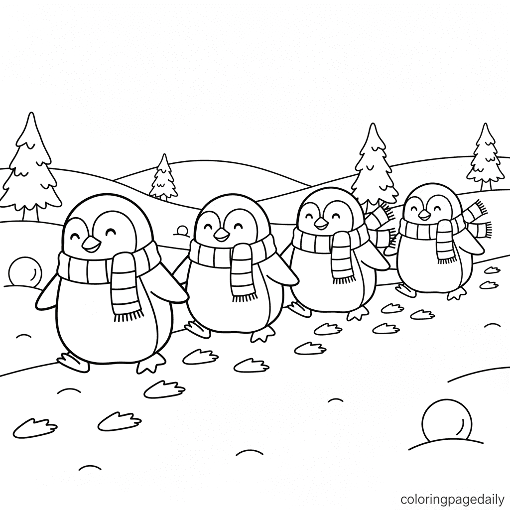 Penguins' Winter Scarf Parade - Daily printable coloring page in Kids - Winter and Snow Season category