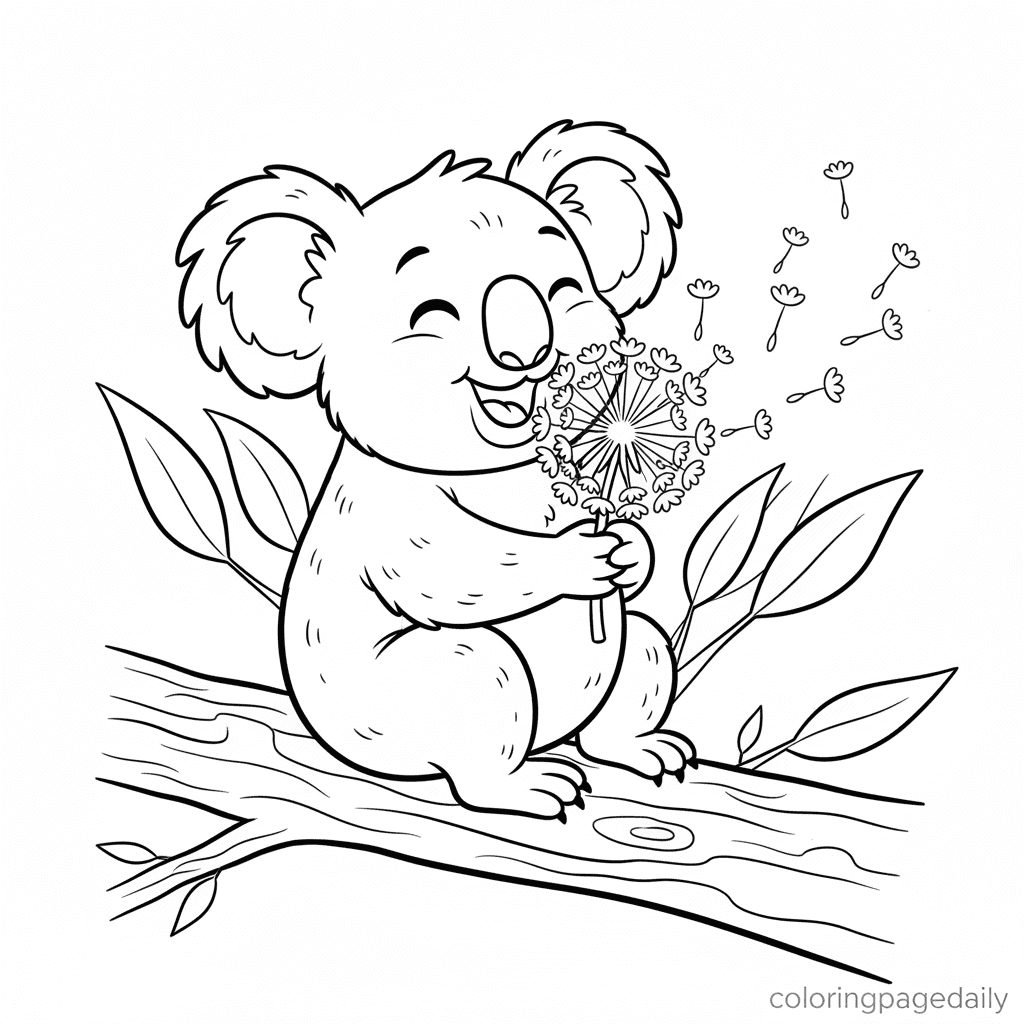 Koala Making a Dandelion Wish - Daily printable coloring page in Kids - Animals category