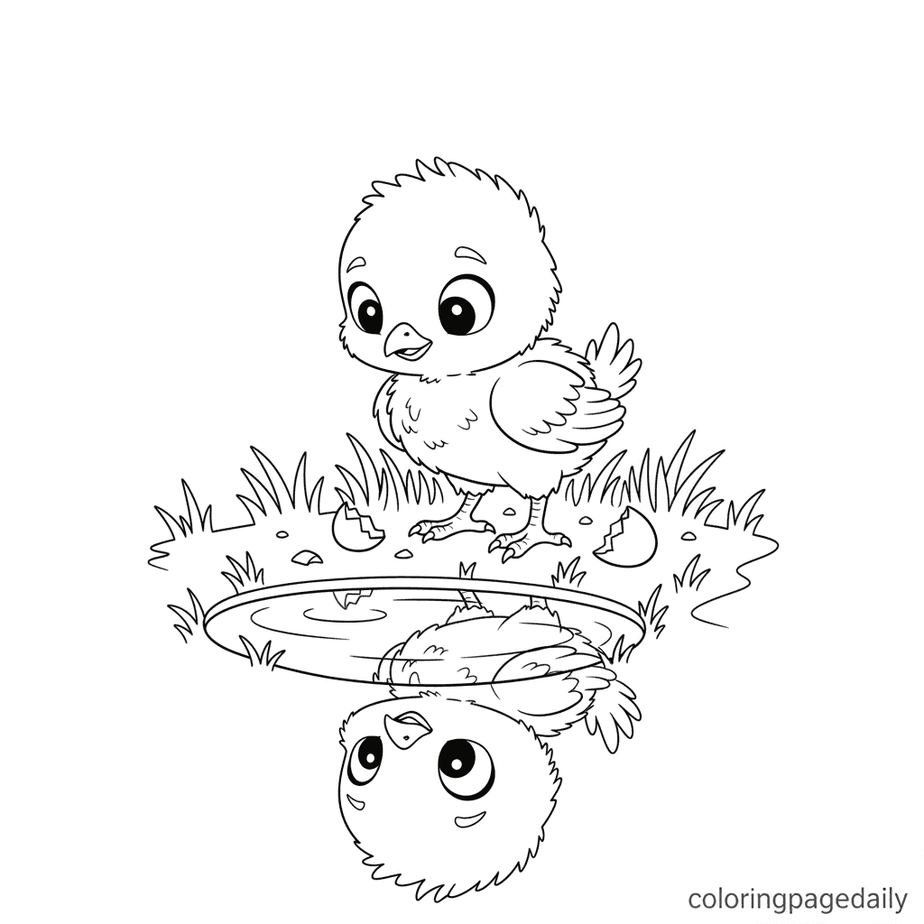 Phoenix Chick Sees Its Reflection - Daily printable coloring page in Kids - Mythical Creature category