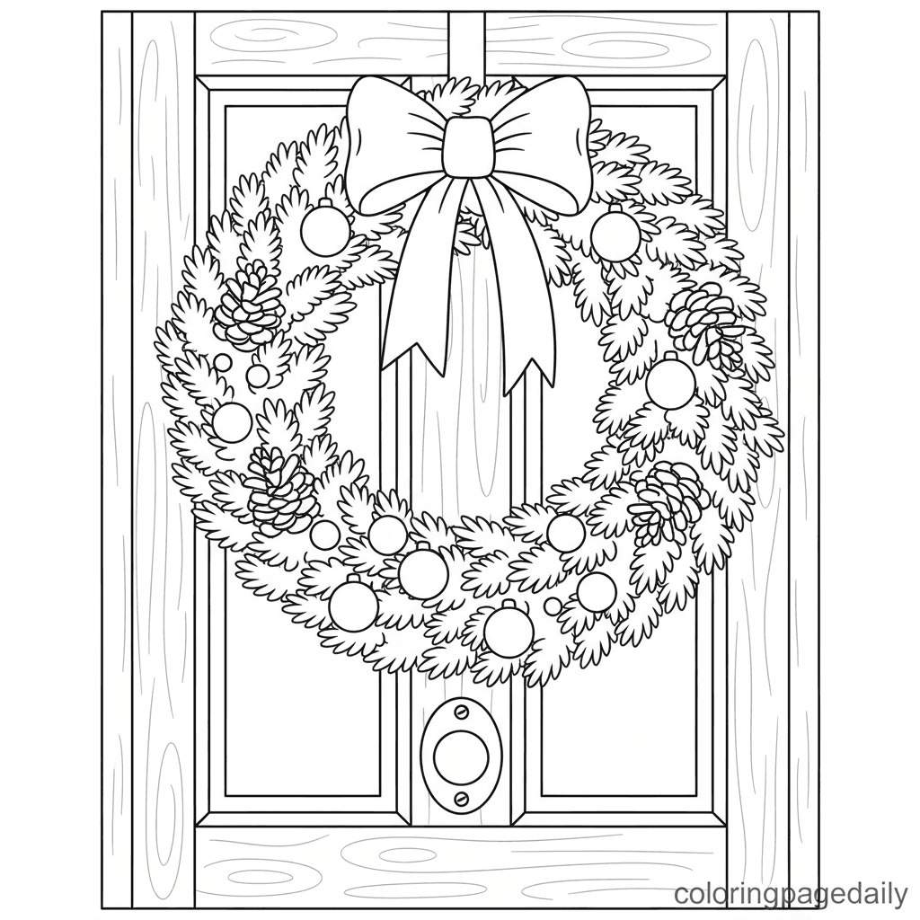 Festive Christmas Wreath on Door - Daily printable coloring page in Kids - Christmas category