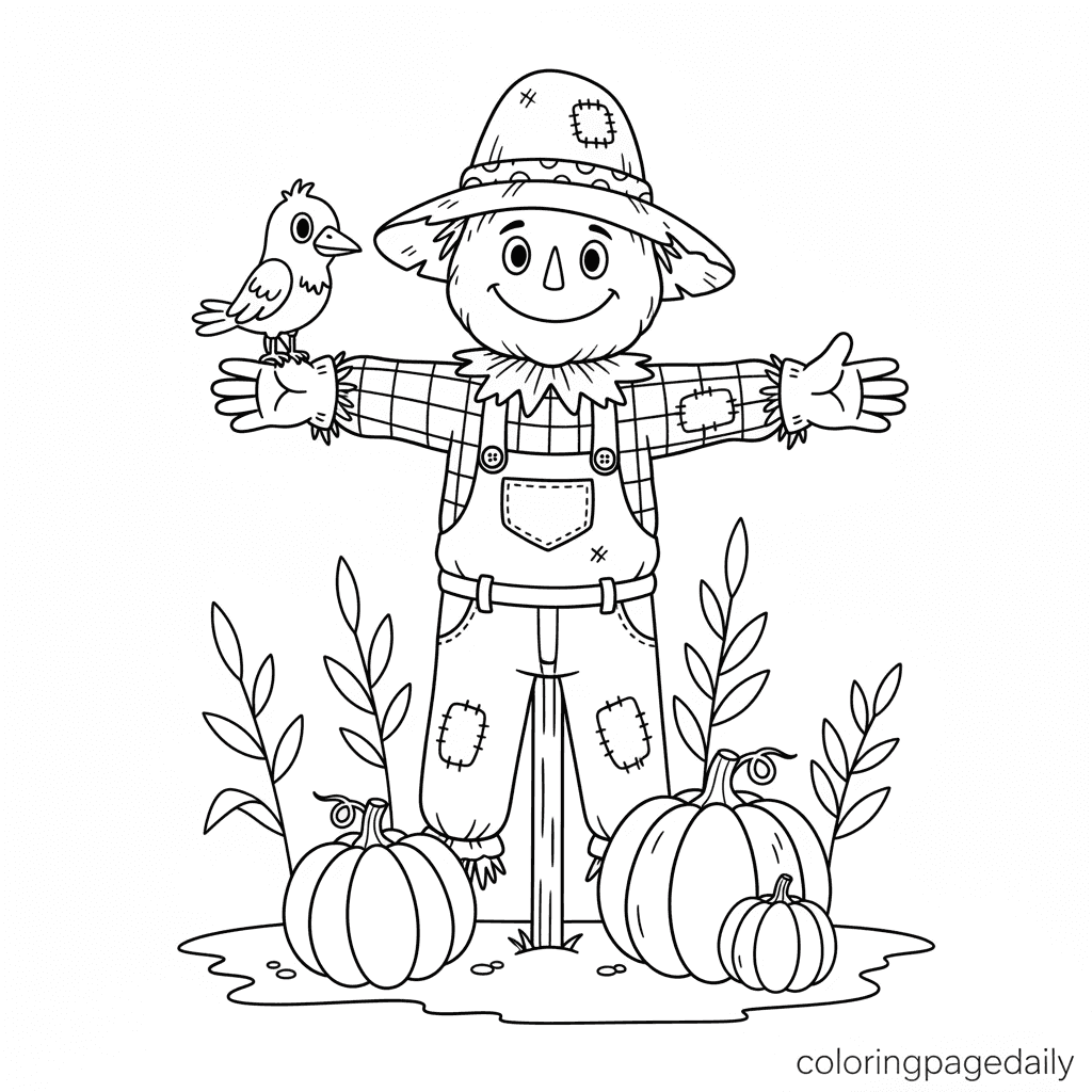 Scarecrow Guarding the Pumpkins - Daily printable coloring page in Kids - Thanksgiving category