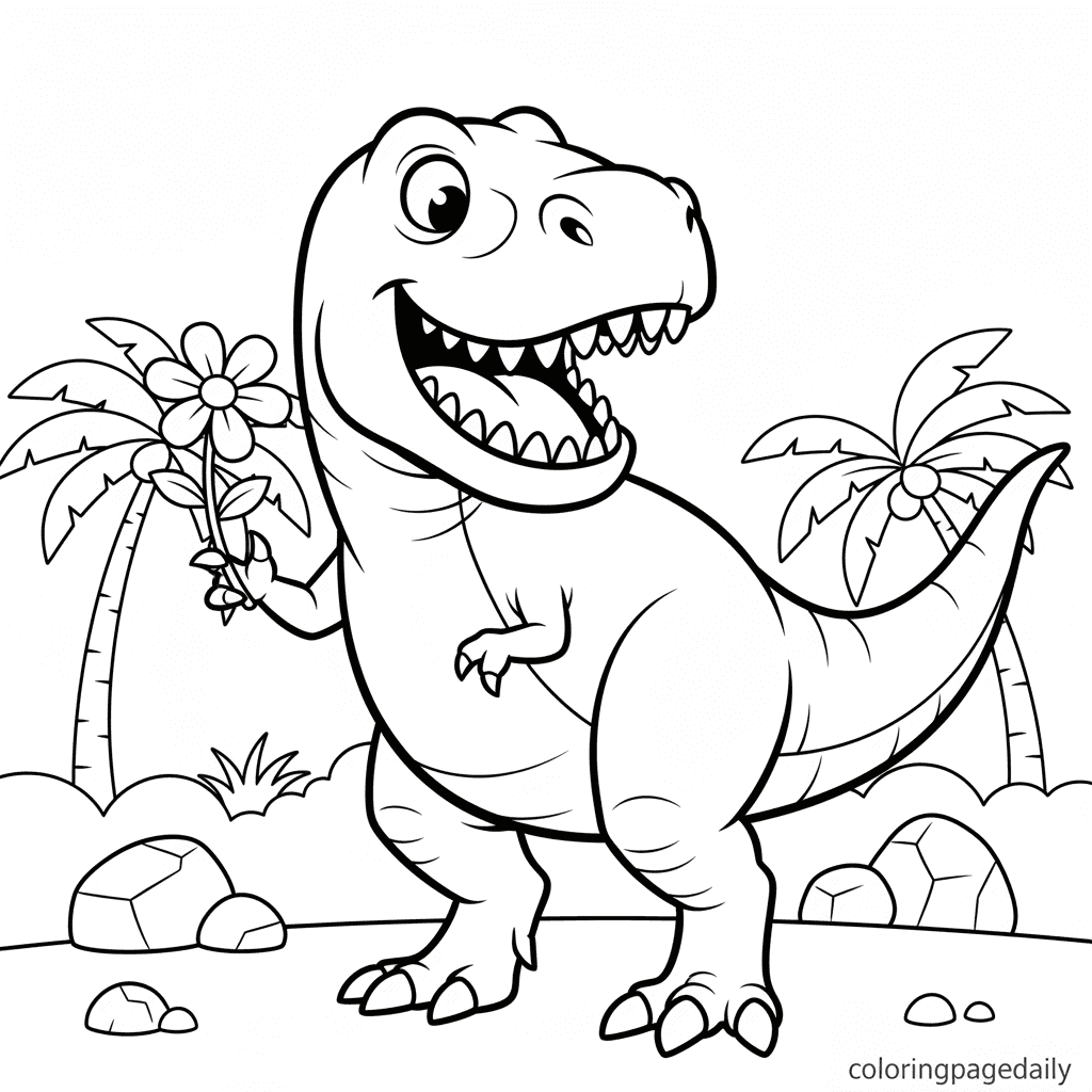 T-Rex Balancing a Flower - Daily printable coloring page in Kids - Dinosaur category