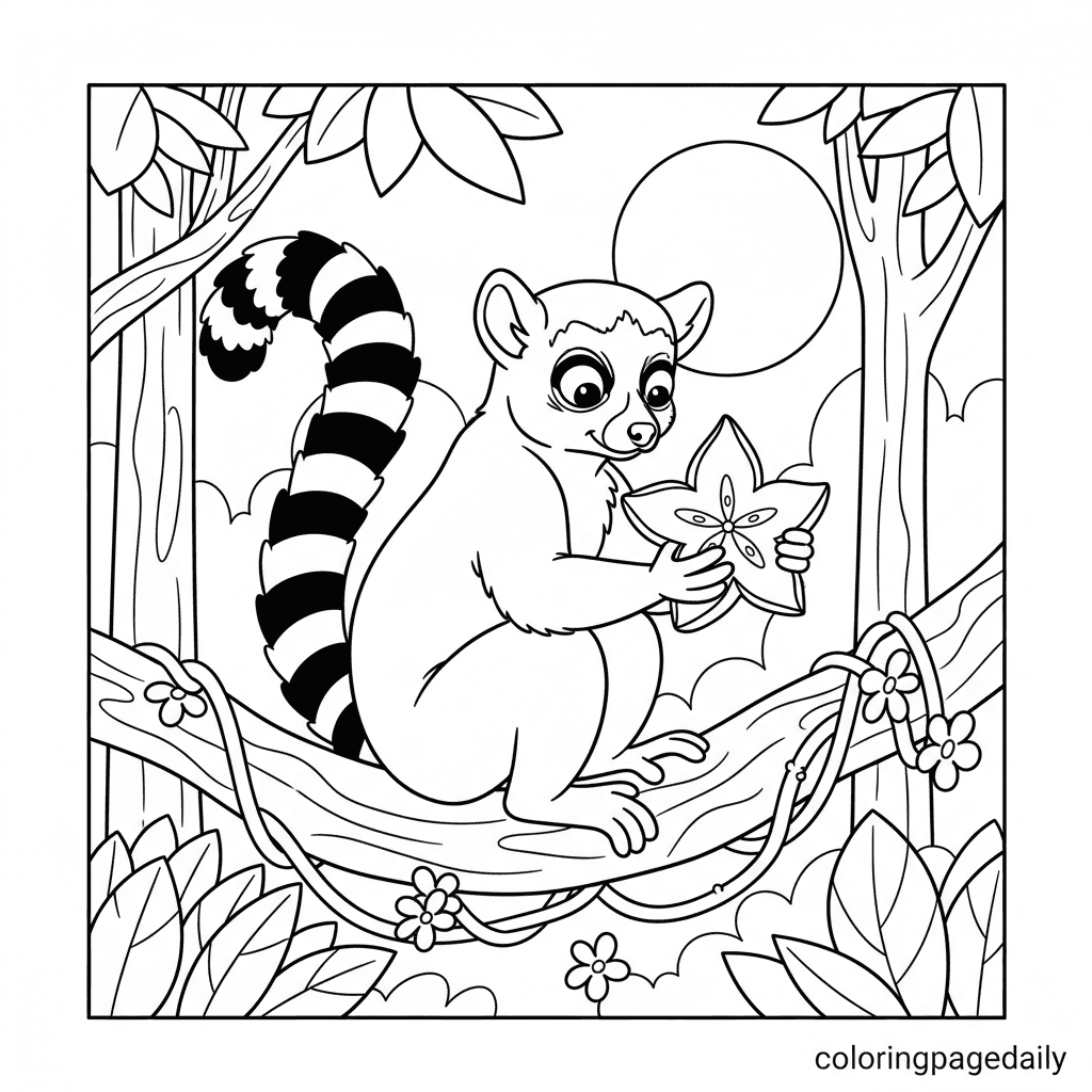 Lemur Investigates a Starfruit - Daily printable coloring page in Kids - Animals category