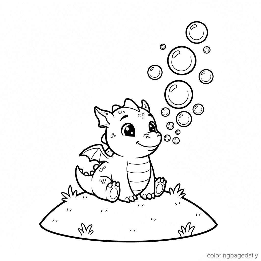 Baby Dragon Blowing Soap Bubbles - Daily printable coloring page in Kids - Mythical Creature category