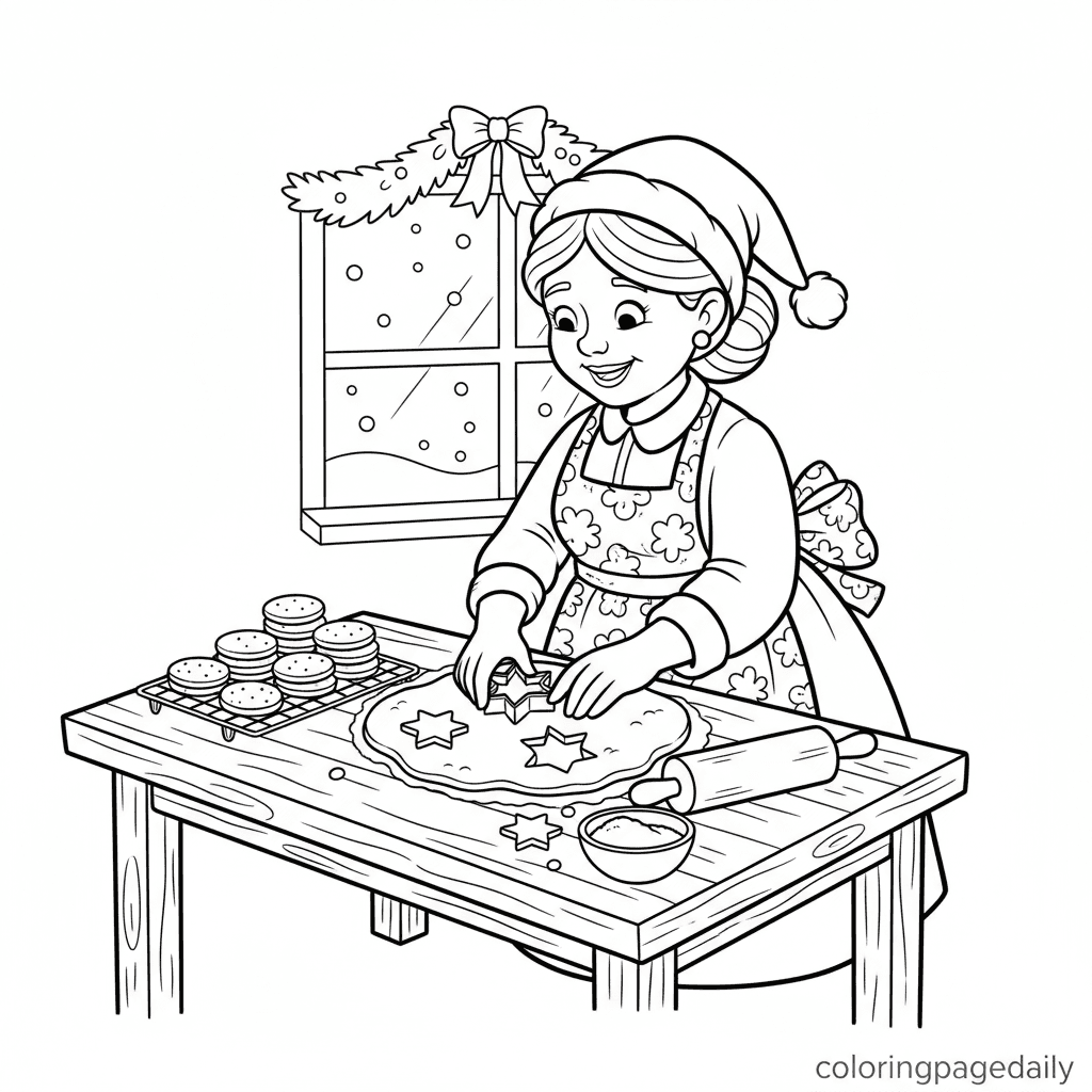 Mrs. Claus Baking Star Cookies - Daily printable coloring page in Kids - Christmas category