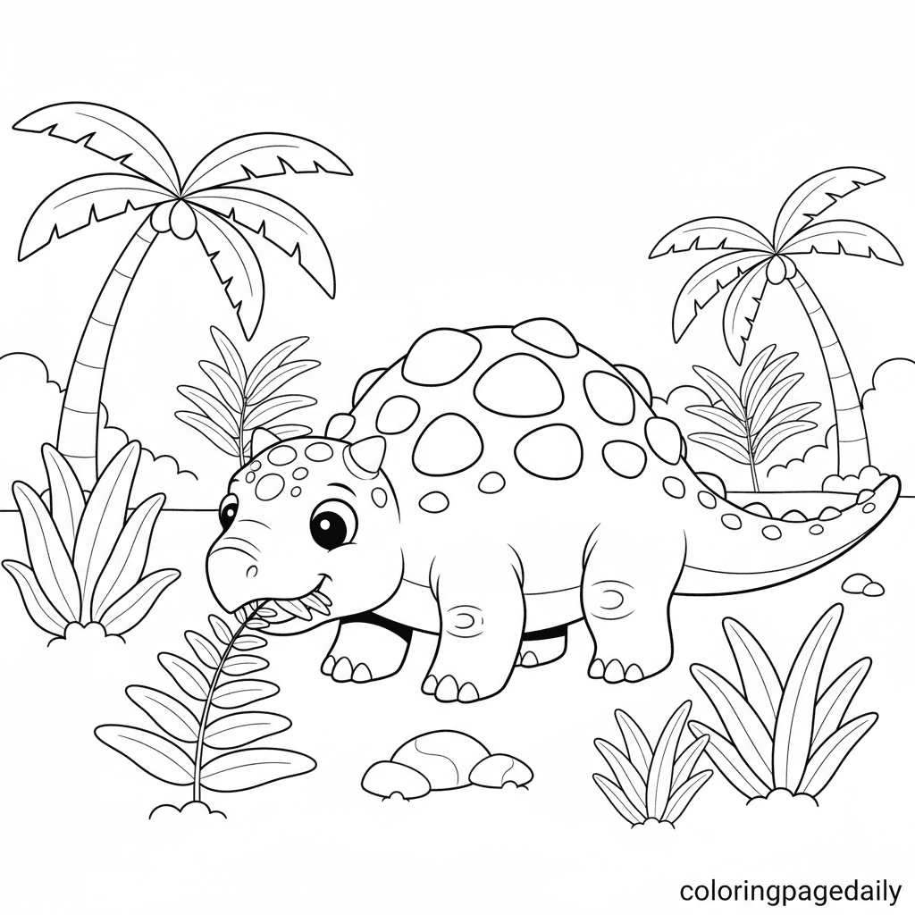 Ankylosaurus Eating a Fern - Daily printable coloring page in Kids - Dinosaur category