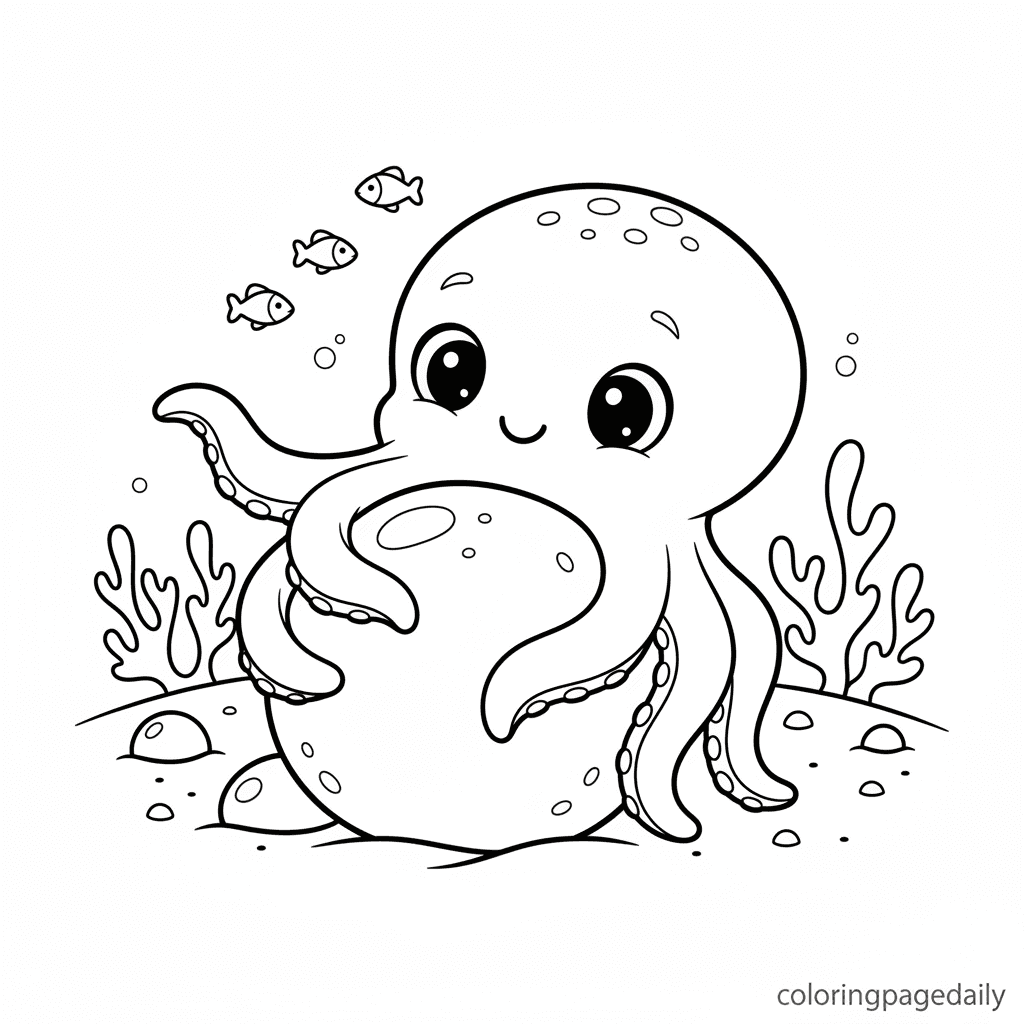 Baby Kraken Hugs a Rock - Daily printable coloring page in Kids - Mythical Creature category