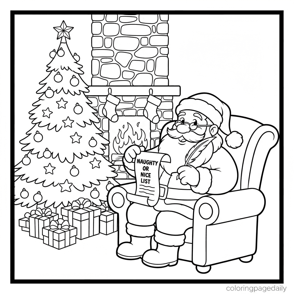 Santa Claus Checks His List - Daily printable coloring page in Kids - Christmas category
