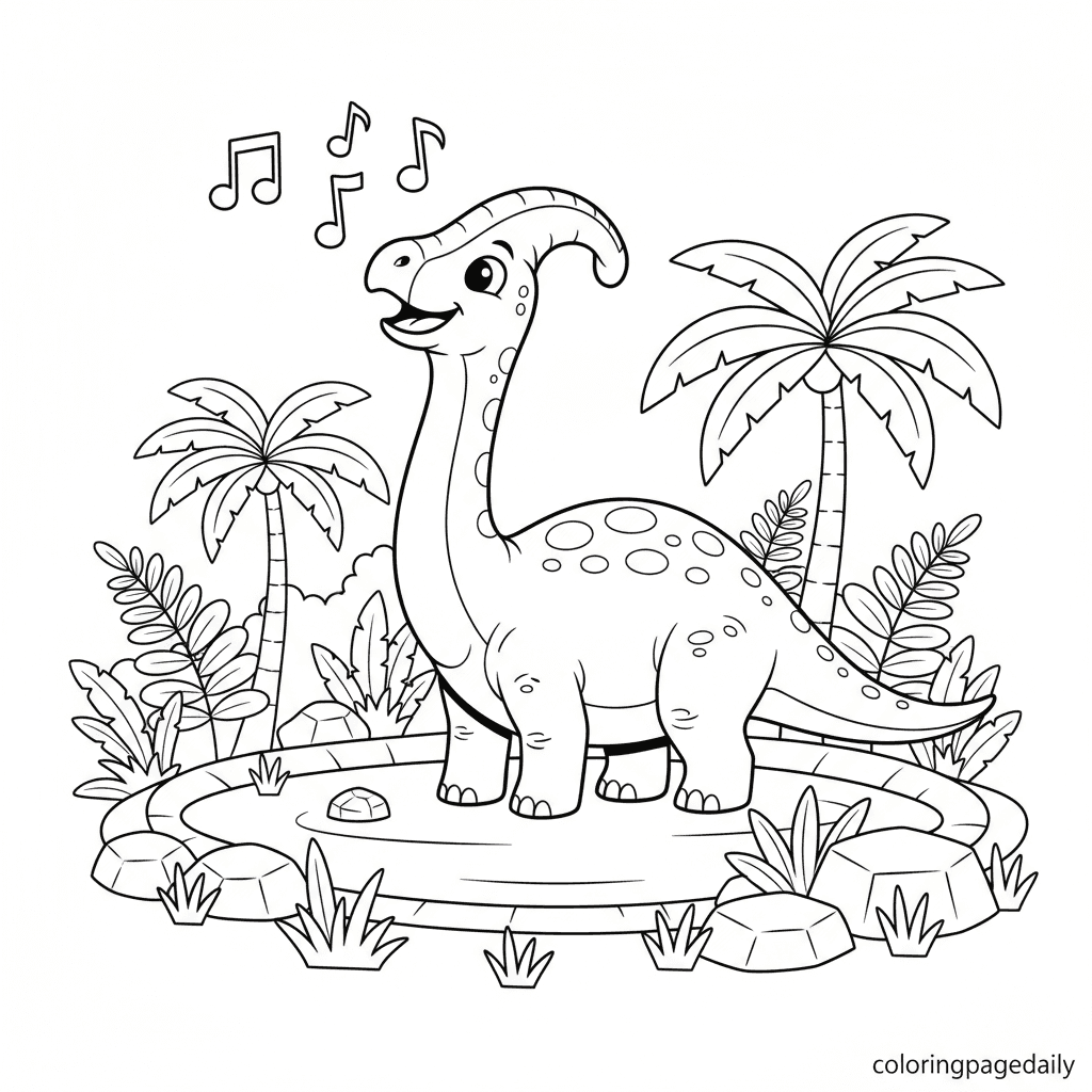 Parasaurolophus Plays a Song - Daily printable coloring page in Kids - Dinosaur category