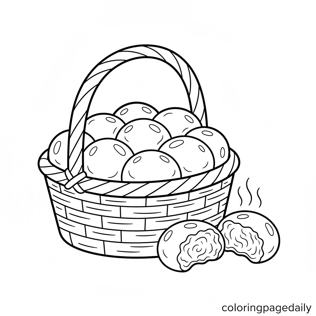 Basket of Warm Dinner Rolls - Daily printable coloring page in Kids - Thanksgiving category