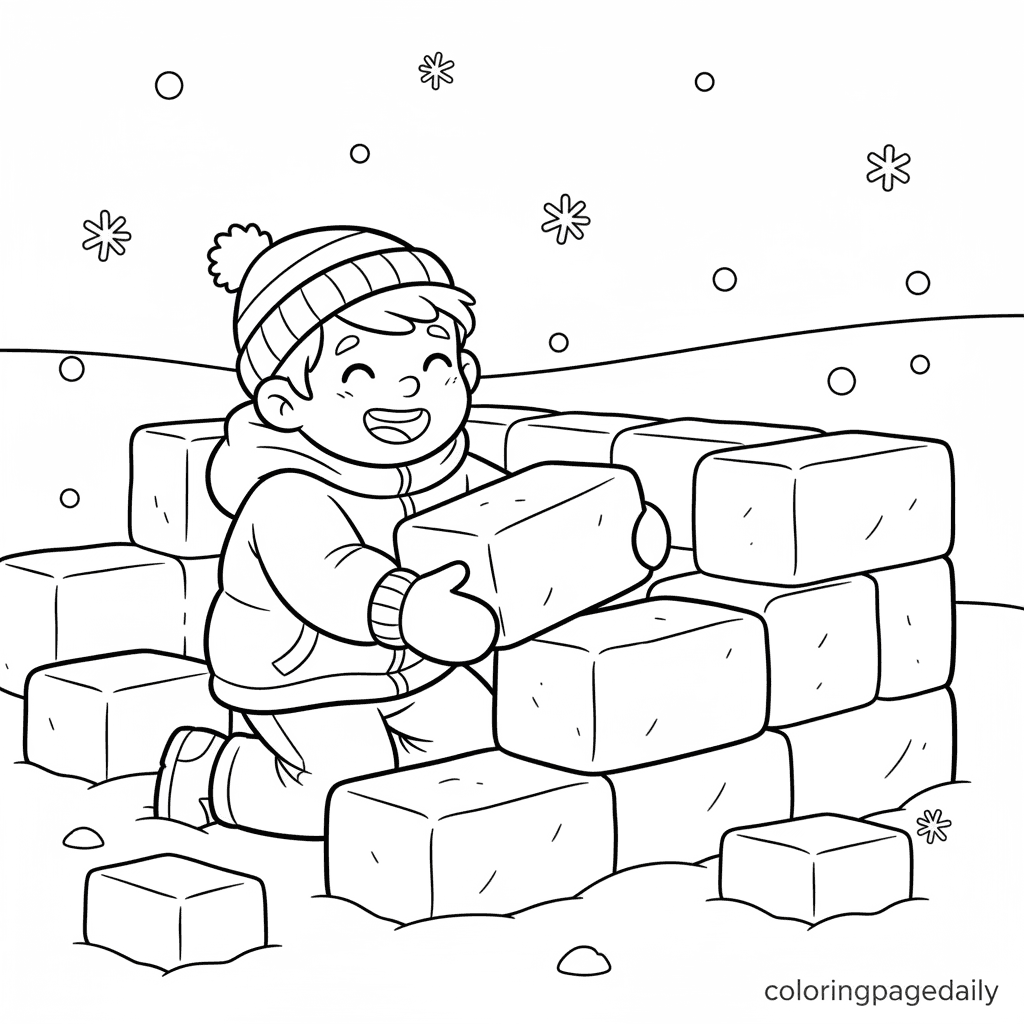 Building a Winter Snow Fort - Daily printable coloring page in Kids - Winter and Snow Season category