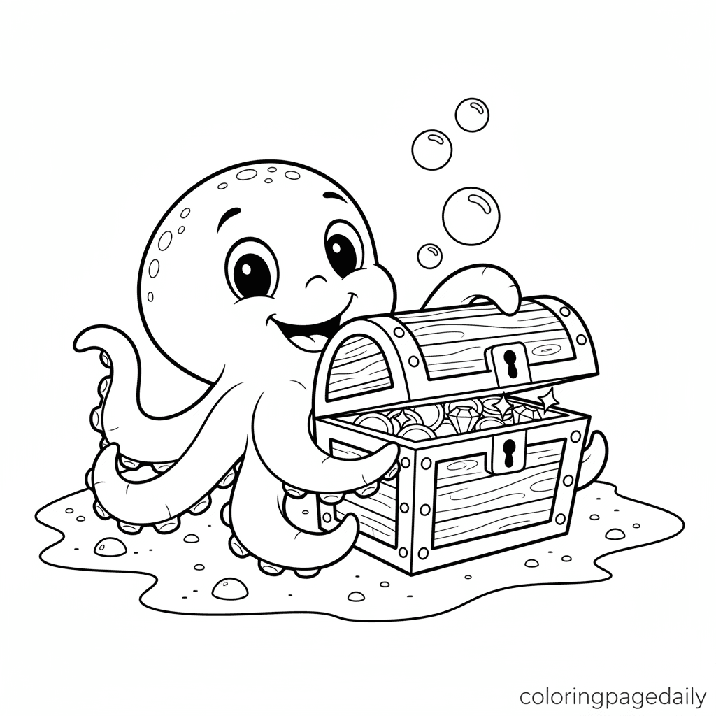 Octopus Opening a Treasure Chest - Daily printable coloring page in Kids - Ocean and Underwater Life category