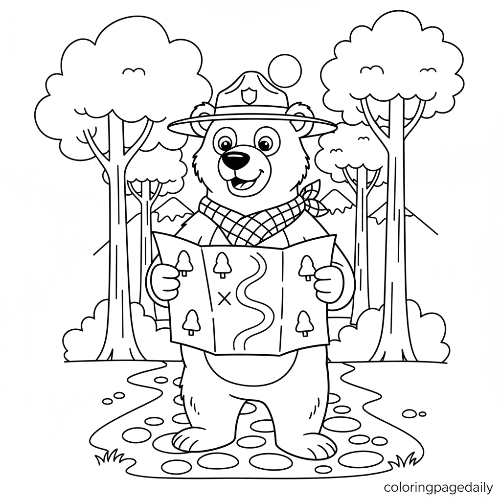 Park Ranger Bear Reads a Map - Daily printable coloring page in Kids - Animals category