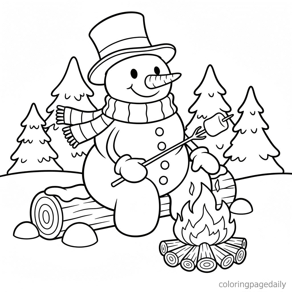 Snowman Roasting a Marshmallow - Daily printable coloring page in Kids - Christmas category