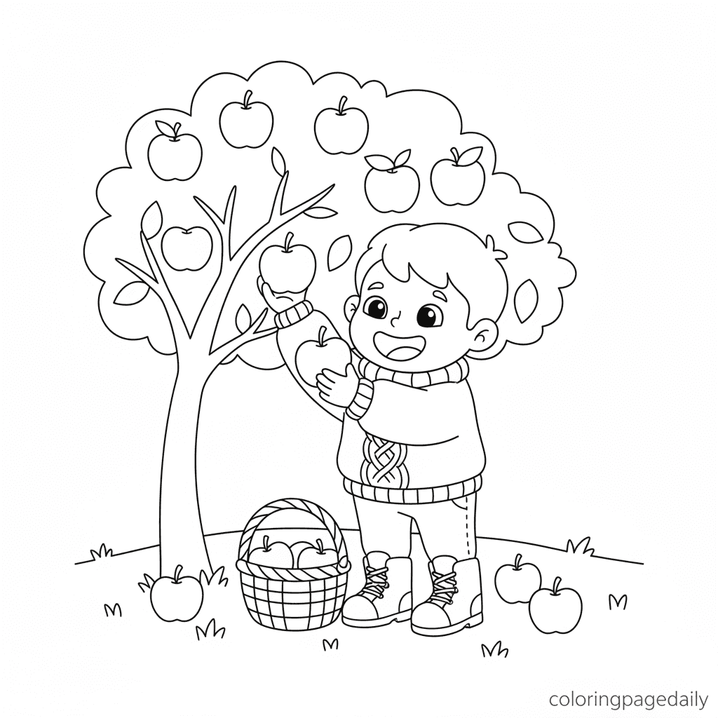 Child's Autumn Apple Picking - Daily printable coloring page in Kids - Thanksgiving category
