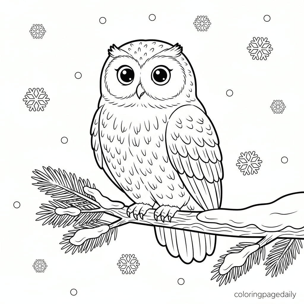 Snowy Owl in a Gentle Snowfall - Daily printable coloring page in Kids - Winter and Snow Season category