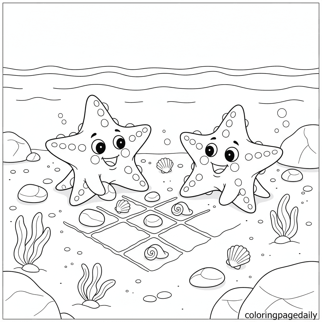 Starfish Playing Tic-Tac-Toe - Daily printable coloring page in Kids - Ocean and Underwater Life category