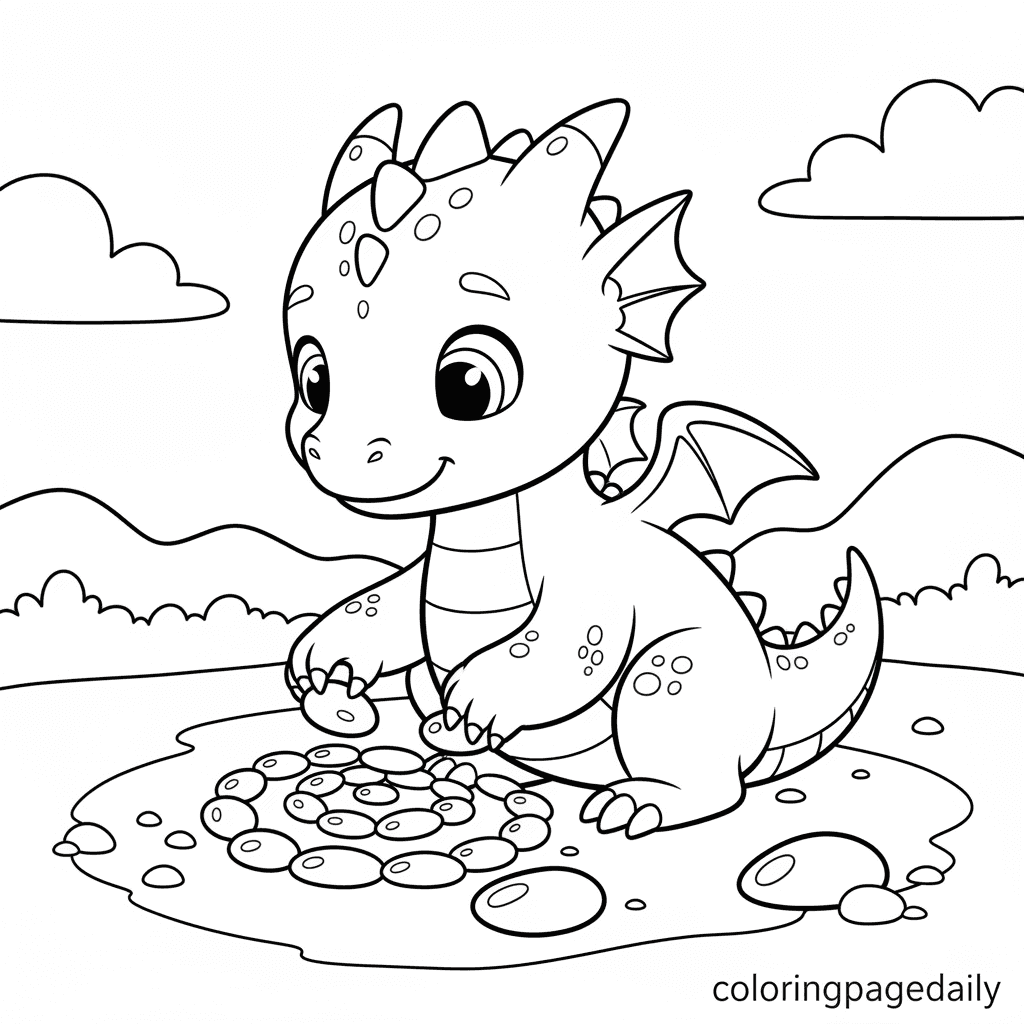 Dragon Arranges Shiny Pebbles - Daily printable coloring page in Kids - Mythical Creature category