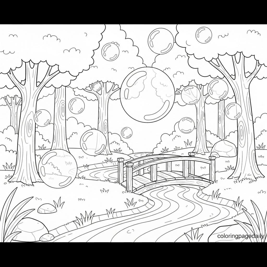 The Magical Bubble Forest - Daily printable coloring page in Kids - Scenery category