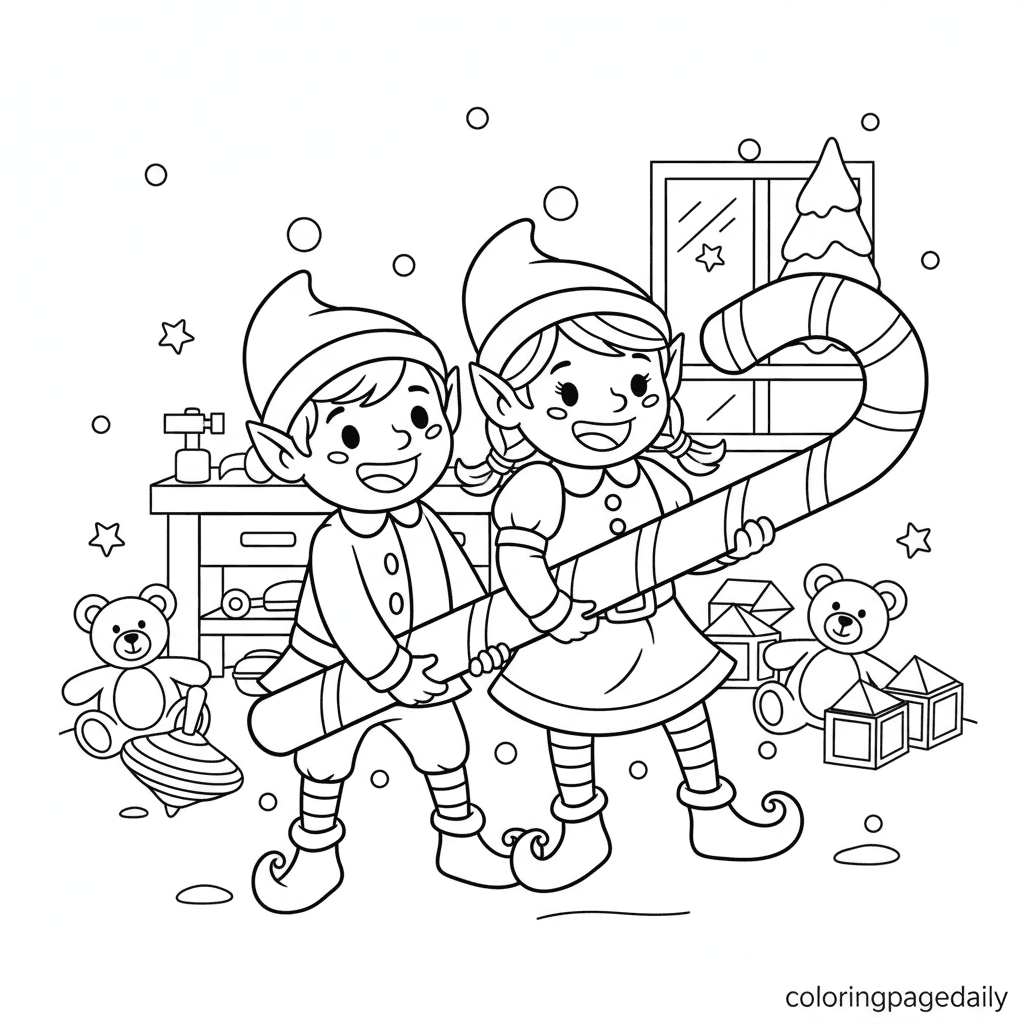 Elves Carry a Giant Candy Cane - Daily printable coloring page in Kids - Christmas category