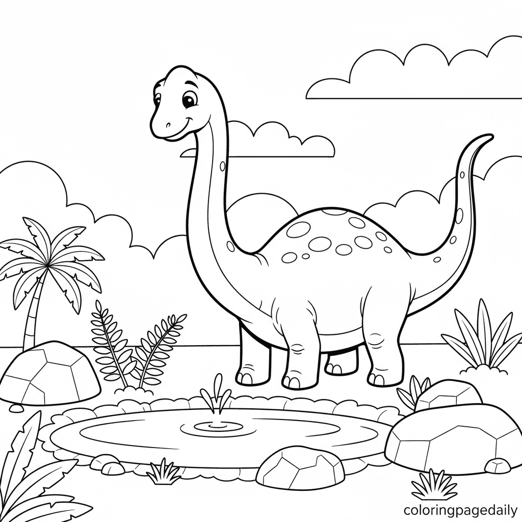 Diplodocus Takes a Drink - Daily printable coloring page in Kids - Dinosaur category