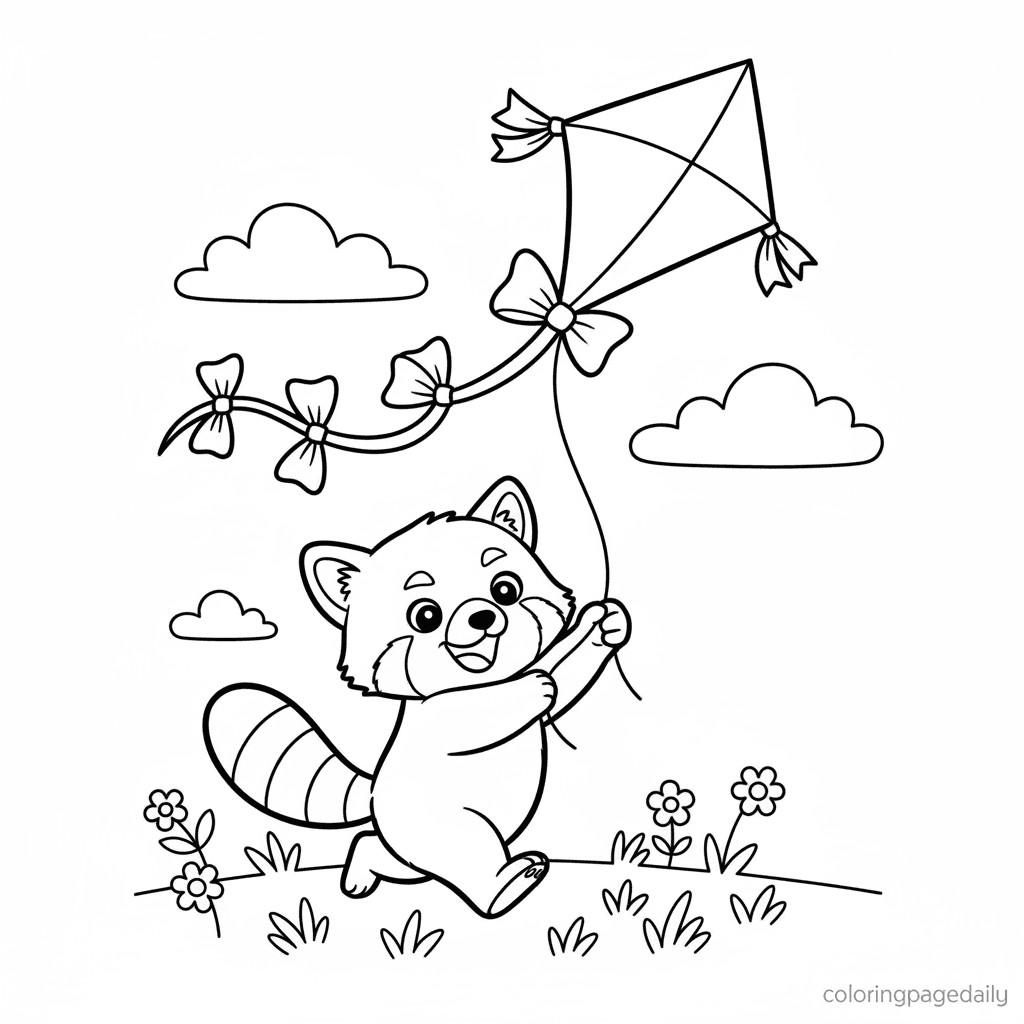 Red Panda Flies a Kite - Daily printable coloring page in Kids - Animals category
