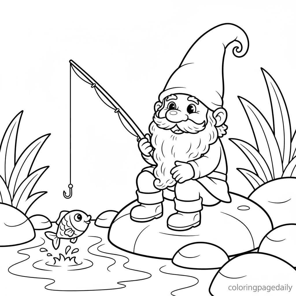 Gnome Goes Fishing on a Rock - Daily printable coloring page in Kids - Mythical Creature category
