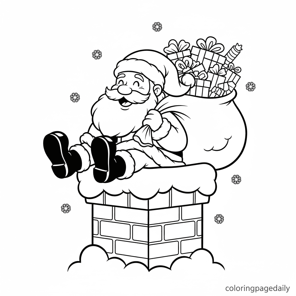 Santa Slides Down the Chimney - Daily printable coloring page in Kids - Christmas category