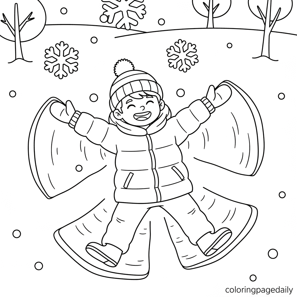 Child Making a Snow Angel - Daily printable coloring page in Kids - Winter and Snow Season category